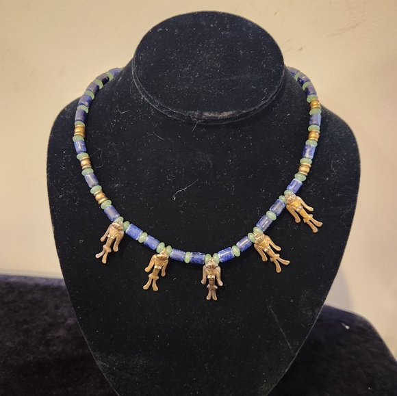 Pre- Colombian Gold Plated and Blue Beaded Necklace with Charms